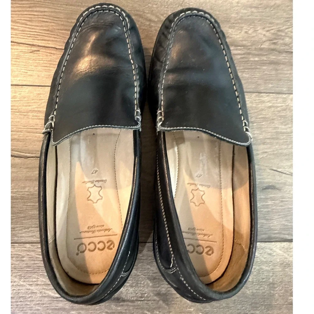 ECCO Mens Black Leather‎ Driving Loafers Slip On Shoes Size 47/ US 13- 13.5